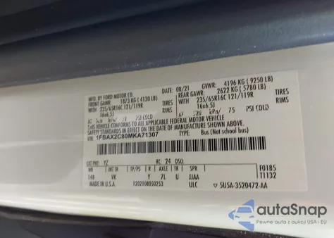 2021 Ford Transit-350 Passenger Van Xl из США, поврежденный, VIN 1FBAX2C80MKA71307